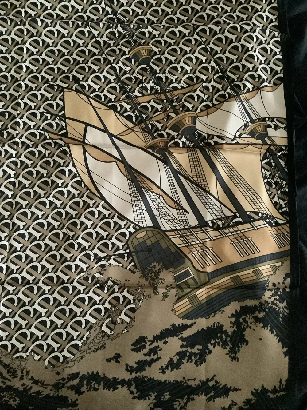 Oversized 35x35 Satin Scarf Sailing Ship Nautical Print Black Beige NWOT